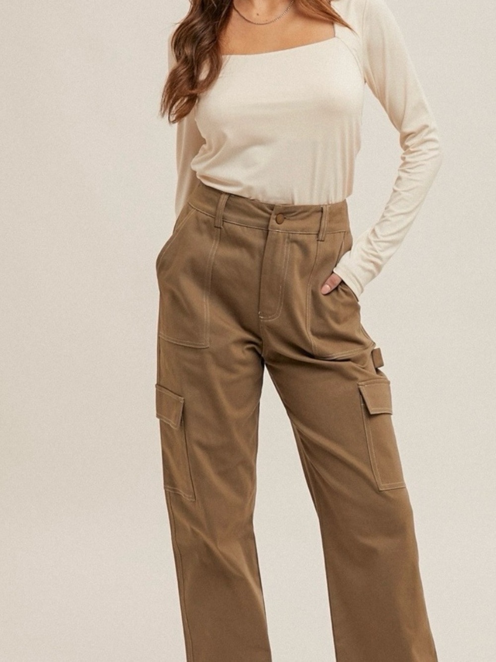 Hem & Thread High-Rise Cargo Pants in Olive Brown NWT-M